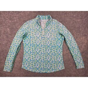 Icikuls Womens Sun Shirt Small Blue Green Geometric Trellis 1/4 Zip Golf Top